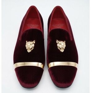Royal Shoes Burgundy Velvet Loafers Gold Panther Head Red Bottoms 7.5 Statement